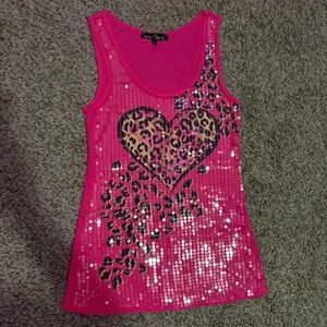 Y2K Pink leopard print and hearts sequin ribbed tank top